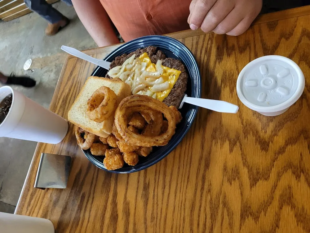 Cheeseburger with Fries and Onion Rings